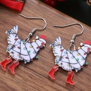 Festive Chicken Earrings with Red Accents